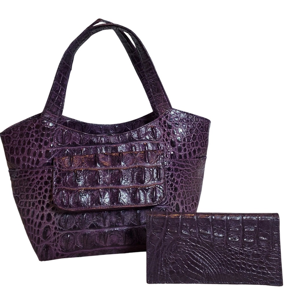 Veari Purple Crocodile Embossed Leather Tote Bag‎ and Matching Wallet Set